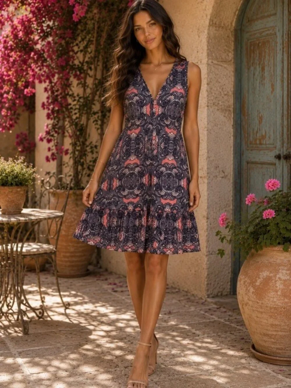 Amanda Uprichard Pink Navy Silk Sleeveless Knee Length Dress Medium Boho Resort